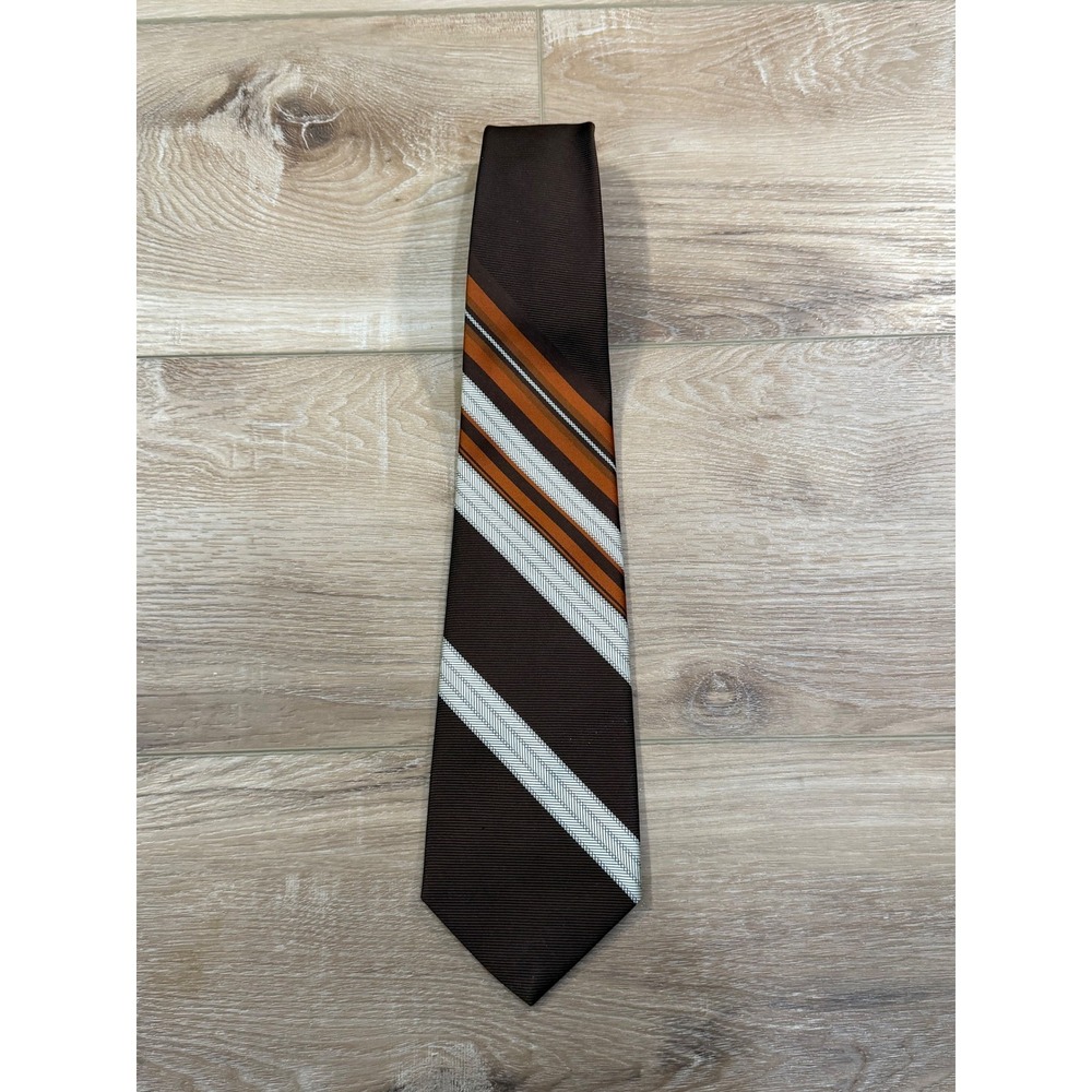 John Frederics 70s VTG Mens Brown Orange White Striped‎ Polyester Necktie
